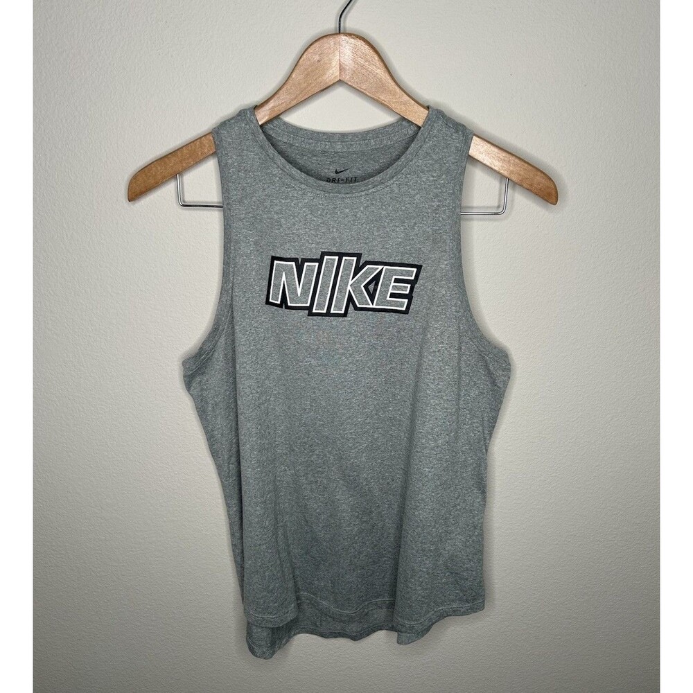 Nike Dri Fit Womens Size Medium Graphic Logo High Neck Gray Muscle Tank Top
